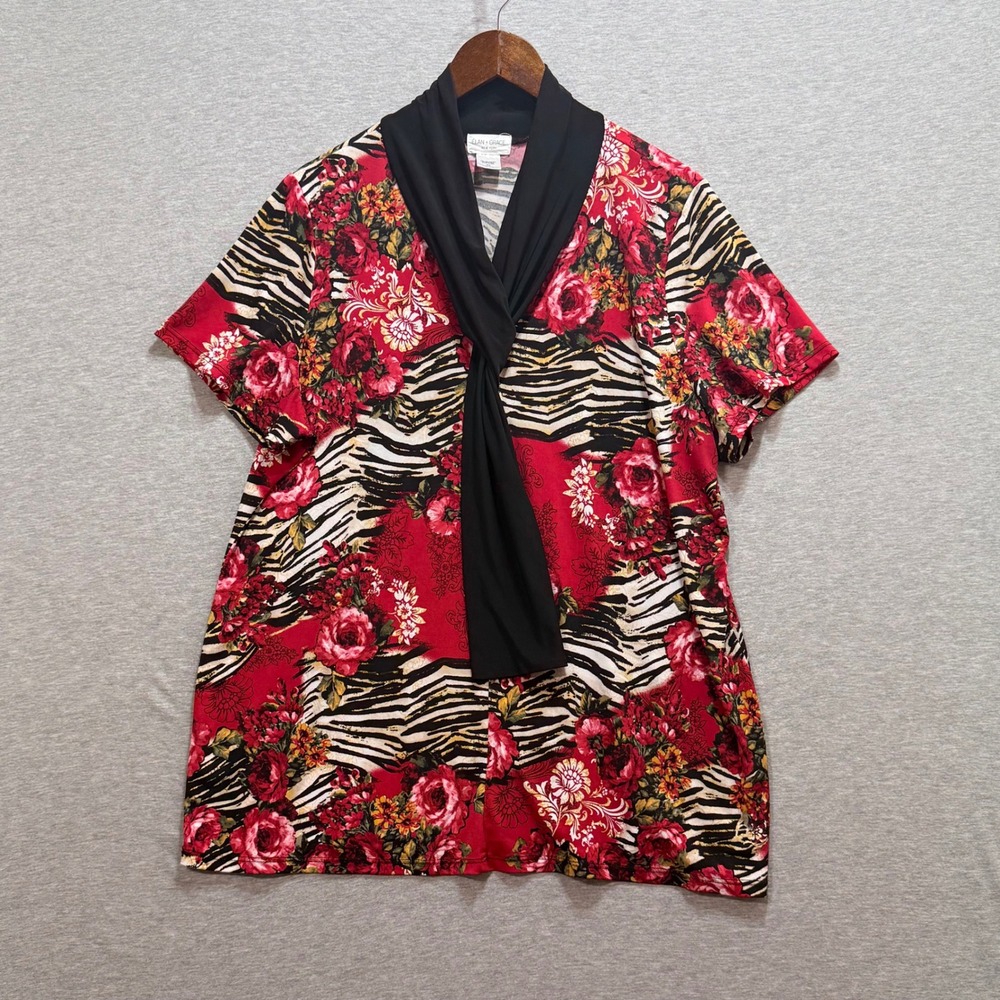 Elan + Grace Floral Zebra Top Womens 2X Red Shawl Collar Short Sleeve Career